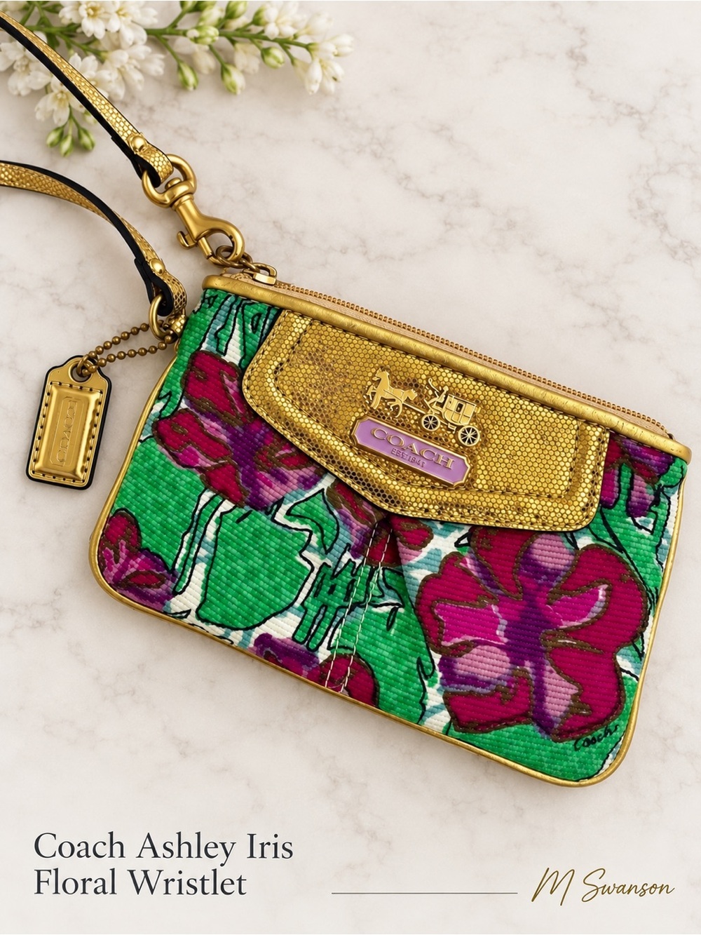 Coach Ashley Iris Floral Wristlet Magenta Green Metallic Gold EUC